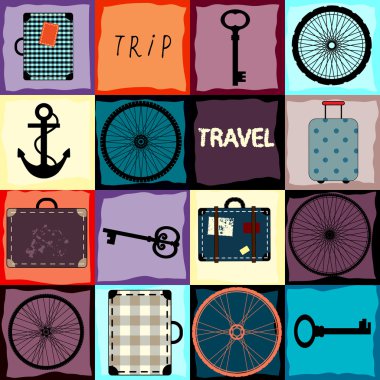 Travel background with wheels and suitcases. clipart