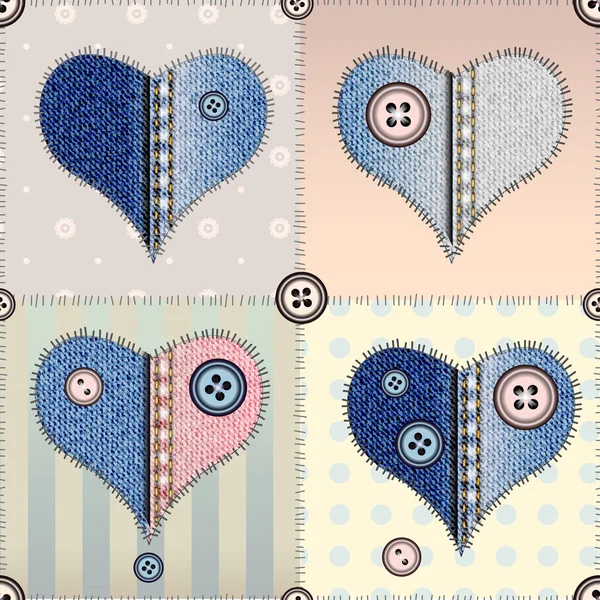 Patchwork con corazones de mezclilla . — Archivo Imágenes Vectoriales