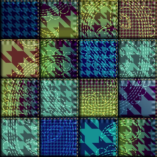 Modèle de patchwork avec l'ornement houndstooths et cousu o — Image vectorielle