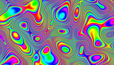 Psychedelic rainbow ridged topological map pattern background texture. Trippy hippy abstract wavy swirls dopamine dressing style fashion motif. Bright colorful neon retro wallpaper backdrop