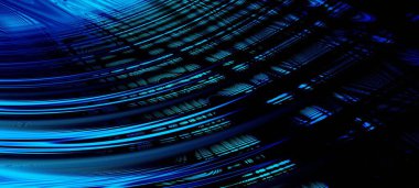 Soyut mavi ve siyah ışık desenli ve gradyanı zemindeki metal desenli yumuşak teknolojili köşegen siyah, temiz, modern.