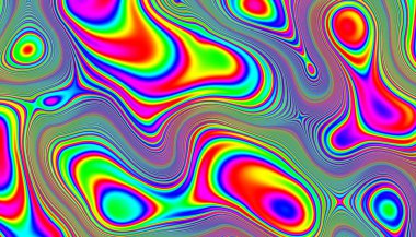 Psychedelic rainbow ridged topological map pattern background texture. Trippy hippy abstract wavy swirls dopamine dressing style fashion motif. Bright colorful neon retro wallpaper backdrop