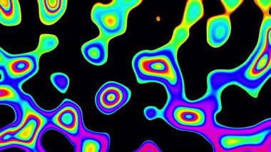 Siyah zemin üzerinde renkli soyut organik şekiller, siyah üzerine renk karışımı boya geçişi, 4K görüntü,