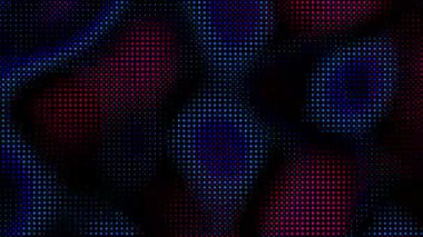 Merhaba teknolojik hareketli arka plan, koyu arkaplanda mavi ve kırmızı yanıp sönen noktalar soyut mavi ve kırmızı noktalar ve ızgara 4K. Siyah yarım ton arkaplan