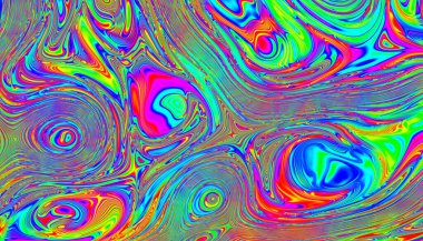 Psychedelic rainbow ridged topological map pattern background texture. Trippy hippy abstract wavy swirls dopamine dressing style fashion motif. Bright colorful neon retro wallpaper backdrop
