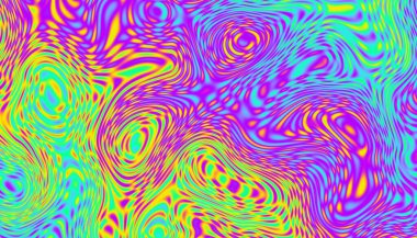 Psychedelic rainbow ridged topological map pattern background texture. Trippy hippy abstract wavy swirls dopamine dressing style fashion motif. Bright colorful neon retro wallpaper backdrop