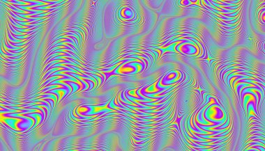Psychedelic rainbow ridged topological map pattern background texture. Trippy hippy abstract wavy swirls dopamine dressing style fashion motif. Bright colorful neon retro wallpaper backdrop