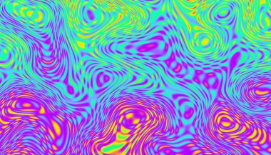 Psychedelic rainbow ridged topological map pattern background texture. Trippy hippy abstract wavy swirls dopamine dressing style fashion motif. Bright colorful neon retro wallpaper backdrop