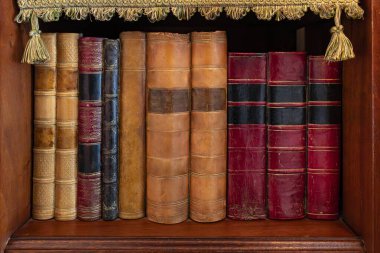 Kabartmalı deri dikenli antika ciltler ve dekoratif püsküller.