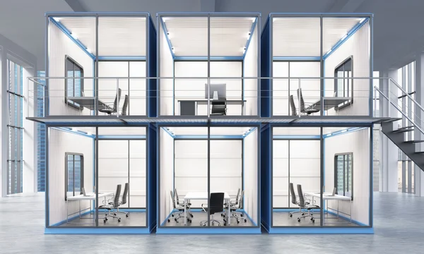 A block of six blue cabins with offices inside, ladder leading to the top one. Panoramic window at the background. Front view. Concept of a new start. 3D rendering — ストック写真