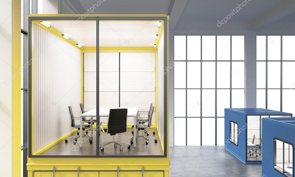 A yellow sea container with office inside, blue containers below. Panoramic window at the background. Front view. Concept of a new start. 3D rendering