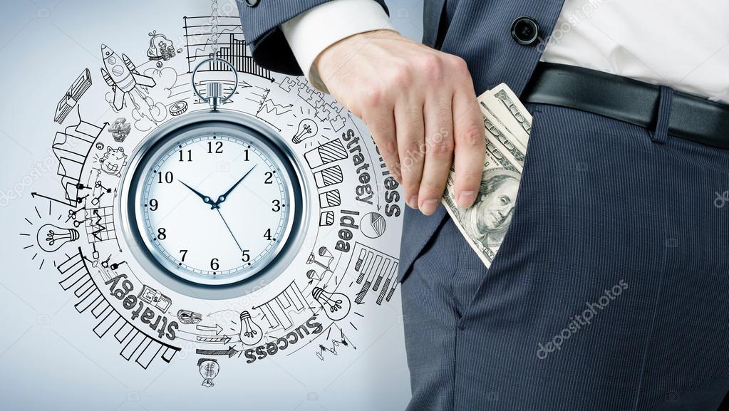 A businessman holding money in the pocket, a pocket watch next to him, different graphs and pictures drawn around it, 'business', 'success', 'strategy' written around. Concept of timing.