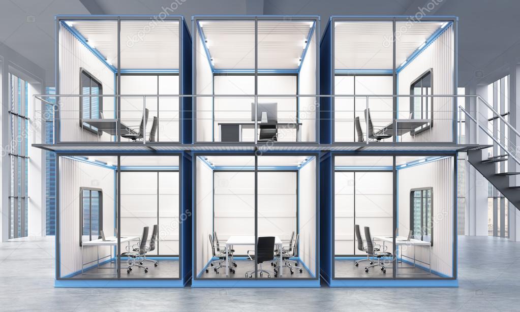 A block of six blue cabins with offices inside, ladder leading to the top one. Panoramic window at the background. Front view. Concept of a new start. 3D rendering