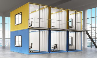 A block of six blue and yellow cabins with offices inside, ladder leading to the top one.