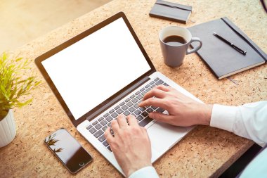 Dizüstü bilgisayarda yazan bir iş adamı..