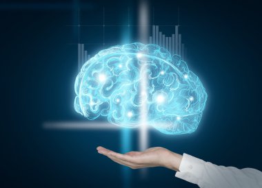Hand as if holding image of brain shining blue.