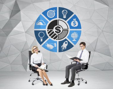A smiling woman and a man sitting on castor chairs with books, a circle of business icons between them.