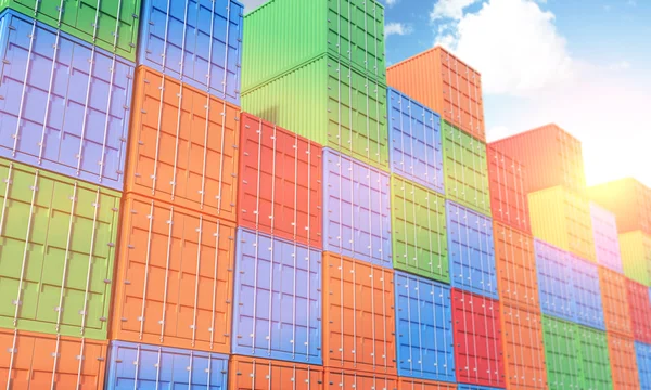 Many sea containers of differnt colours stocked. Blue sky above. — Stock Photo, Image