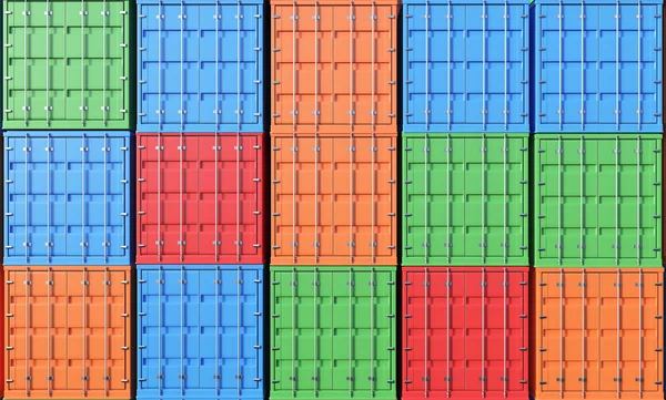 Many sea containers of differnt colours stocked. Tetris look. Front view. — Stock Photo, Image