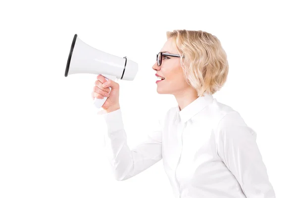 Woman with loudspeaker — Stock Photo, Image