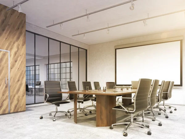 Big meeting room, blank poster on white wall behind table. Concept of negotiations. — Stock Photo, Image