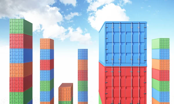 Coloured containers arranged in tall towers. Blue sky at background. — Stock fotografie