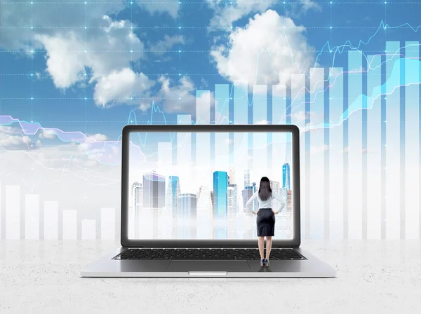 Mujer de negocios de pie frente a la enorme pantalla del ordenador portátil con la imagen de Nueva York. Cielo azul y gráficos al fondo. Vista trasera. Concepto de expectativas . — Foto de Stock