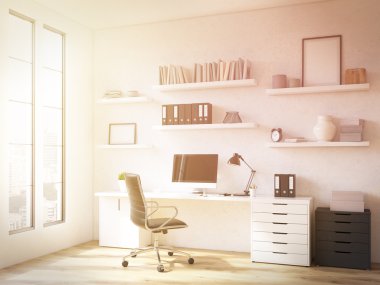 Room in flat, table at window, shelves above. Concept of workplace.