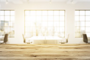 Wooden plank, blurred office at background. Concept of decoration. 3D render