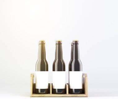 Six wine bottles with blank labels in wooden box. Dark glass. clipart