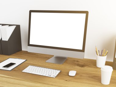 Table with blank computer monitor. Concept of interior. Mock up. 3D render
