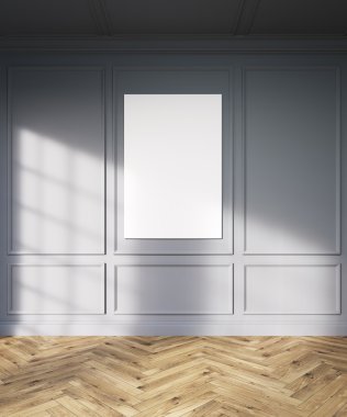 Beyaz duvar ve parke. Duvarda beyaz poster var. İç mekan kavramı. Model yap. 3 Boyutlu Hazırlama