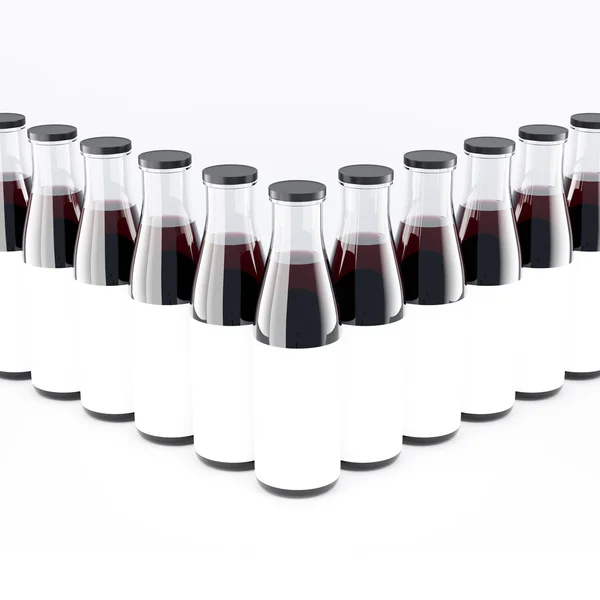 Μπουκαλάκια κρασιού με φαρδύ λαιμό τοποθετημένα σε βέλος, κενές ετικέτες πάνω τους. Λευκό ποτήρι. Έννοια της εμφιάλωσης κρασιού. Mock επάνω. 3D απόδοση. — Φωτογραφία Αρχείου