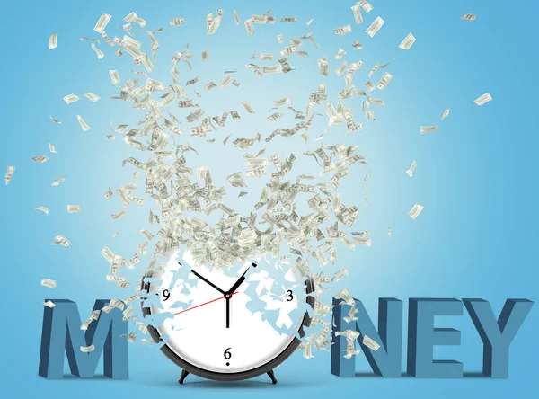 目覚まし時計、ドルが飛び出す青い背景。時間の概念はお金です。3D レンダリング — ストック写真