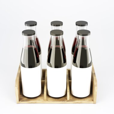 Six wine bottles with wide neck in wooden box, blank labels on them.