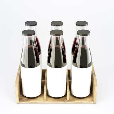 Six wine bottles with wide neck in wooden box, blank labels on them. clipart
