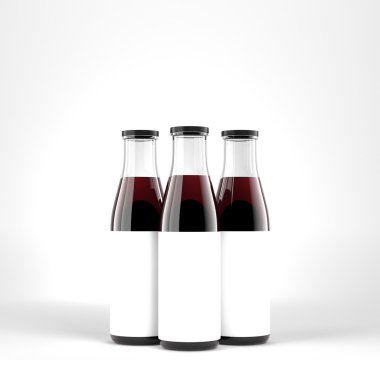 Three wine bottles with wide neck, blank labels on them. White glass.