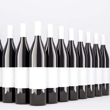 Row of wine bottles aranged in triangle, blank labels on them. Dark glass. Concept of bottling wine. Mock up. 3D rendering.