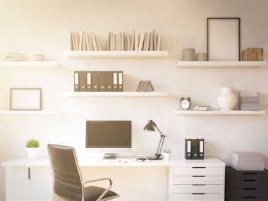 Room in flat, table at wall, shelves above. Concept of workplace. Toned, filter. Mock up. 3D render