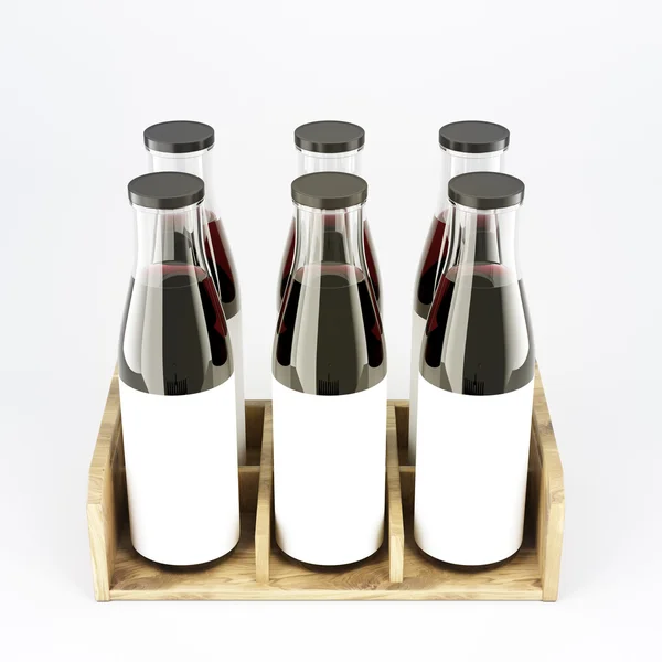 Six wine bottles with wide neck in wooden box, blank labels on them. — Stockfoto