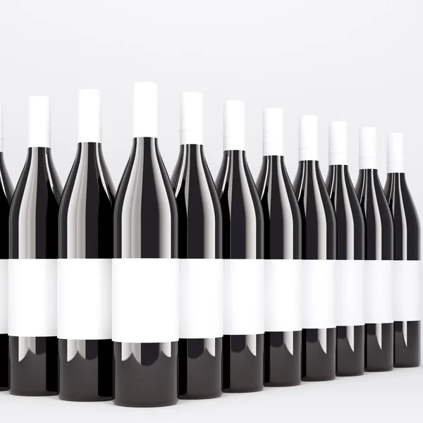 Row of wine bottles aranged in triangle, blank labels on them. Dark glass. Concept of bottling wine. Mock up. 3D rendering. — 图库照片