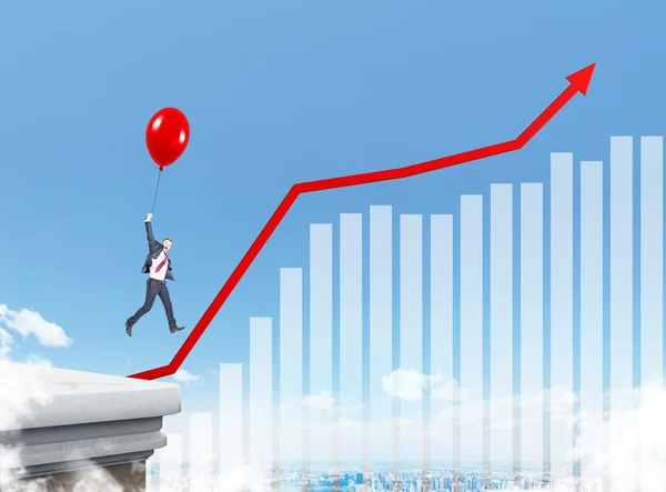 Businessman flying up on red balloon. Graphs and charts on sky background. Concept of growth. — Φωτογραφία Αρχείου