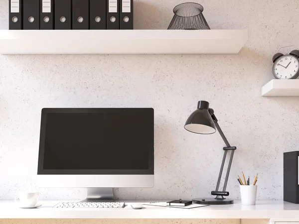 Computer on table. black screen, shelf above. Concept of work. Mock up. 3D render. — Stock Photo, Image