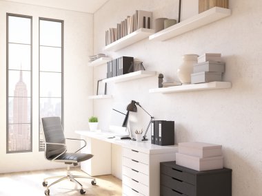 Düz oda, iş için masa, yukarıda raflar. İşyeri kavramı. Pencerelerde New York manzarası. 3d render