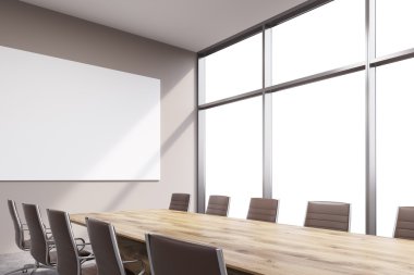 Geniş toplantı odası, sağdaki pencere, masanın üzerinde büyük beyaz bir poster. Yan görünüm. Toplantı kavramı. Dalga geç. 3d render