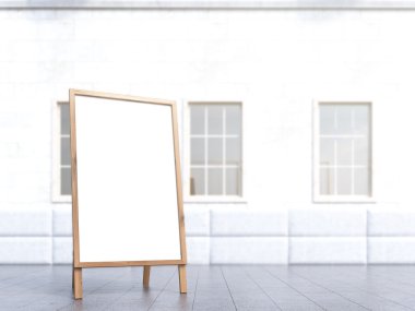 Beyaz ayaklı poster, arka planda ev. Reklam kavramı. Model yap. 3 Boyutlu Hazırlama.