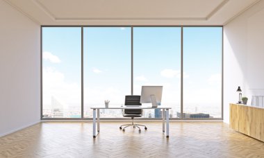 Masa ve kapalı raf ile bir ofis. Panoramik pencere. Şehir manzarası. İş kavramı. 3d render