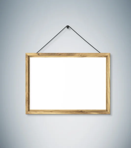 Blank wooden frame on nail. Grey background. Concept of picture on wall. Mock up. 3D render — 스톡 사진