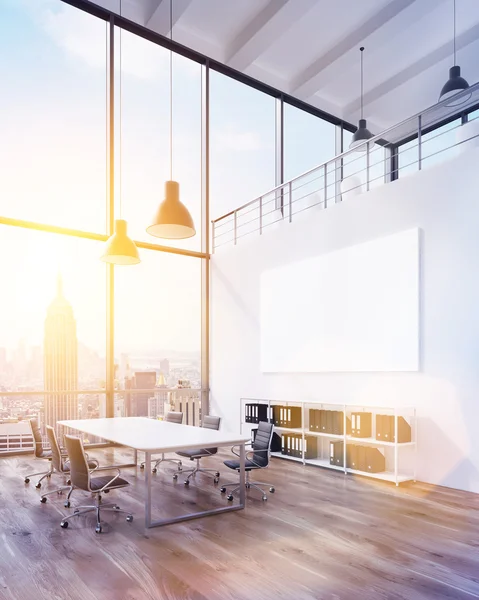 Meeting room with panoramic window and big white poster. New York view. Toned, filter. Concept of meeting. Mock up. 3D render — Stock Fotó