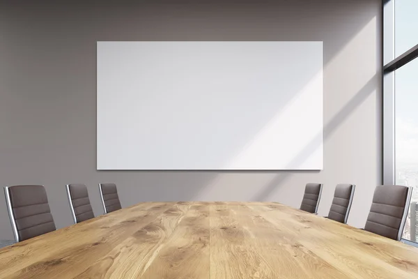 Spacious meeting room, window to the right, big white poster over table. Concept of meeting. Mock up. 3D render — Stock Photo, Image